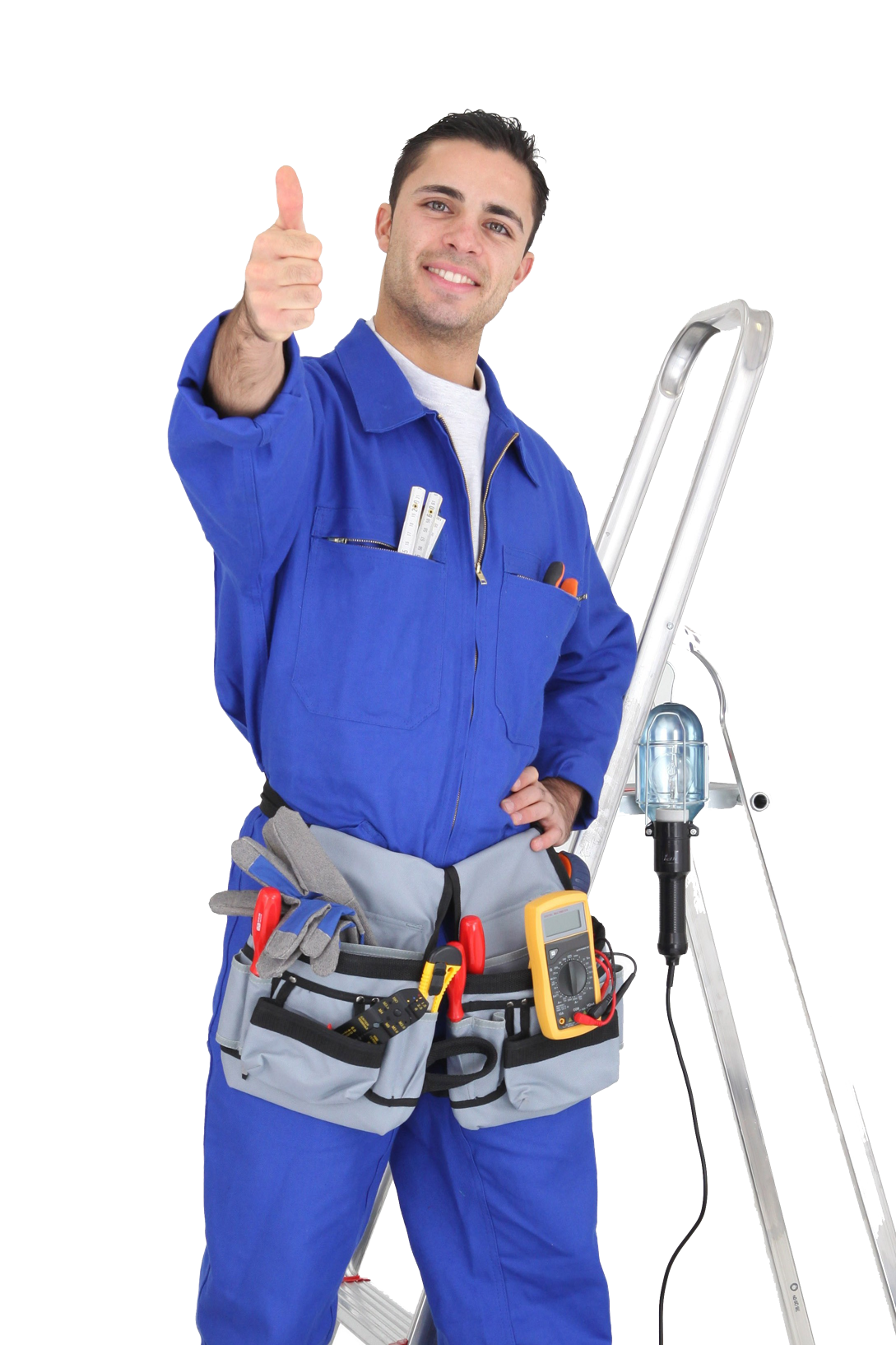 electrician posing with thumbs up over transparent background